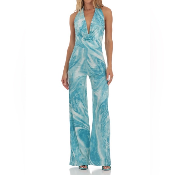 Lucy in the Sky Pants - Lucy in the Sky Drape Open Back Jumpsuit in Blue Swirl
